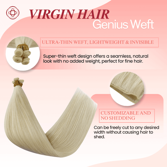 Genius Weft, seamless weft, invisible weft, ultra-thin weft, hand-tied look, no return hair, no scalp irritation, lightweight extensions, flexible weft, comfortable wear, natural blend, undetectable weft, durable extensions, no-shedding weft, fine hair extensions, thick hair extensions, volume boost