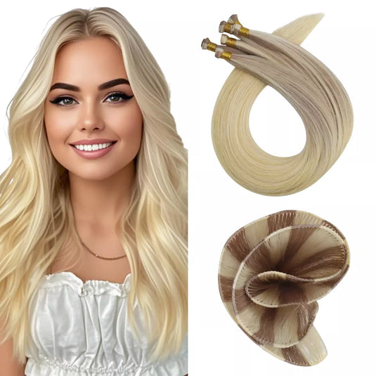 hand tied weft hair extensions made with 100% human hair
invisible weft extensions for a seamless natural look
genius weft hair extensions for thin, flat application