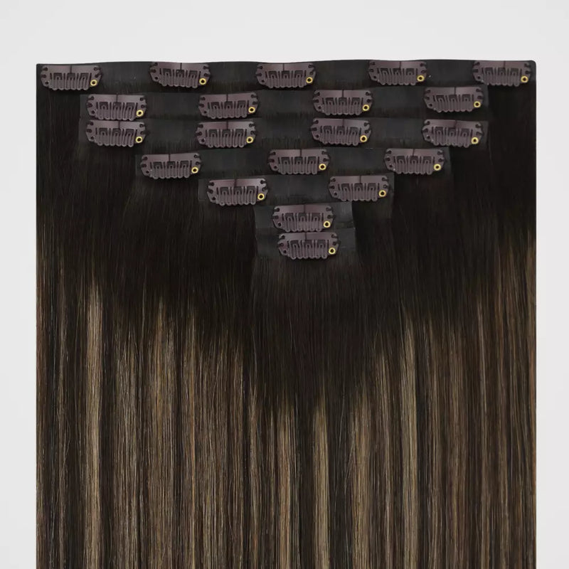 Load image into Gallery viewer, Set of balayage brown clip in hair extensions on a white background