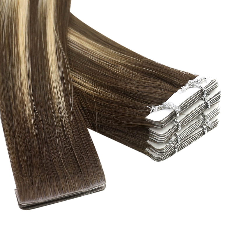 Load image into Gallery viewer, invisible tape in extensions for blonde highlights, natural blonde highlights