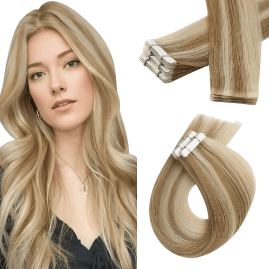 20-inch blonde highlights tape in, high-quality pink tone blonde highlights, seamless blonde highlights tape in extensions, 22-inch blonde highlights hair, smooth blonde highlights tape in, invisible tape in extensions for blonde highlights, natural blonde highlights extensions