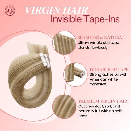 14-inch blonde highlights tape in extensions, seamless tape in blonde highlights, 16-inch blonde highlights hair extensions, high-quality blonde highlights extensions, 18-inch blonde highlights tape in, smooth blonde highlights extensions, 20-inch blonde highlights tape in, blonde hair with pink highlights
