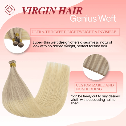 Genius Weft, seamless weft, invisible weft, ultra-thin weft, hand-tied look, no return hair, no scalp irritation, lightweight extensions, flexible weft, comfortable wear, natural blend, undetectable weft, durable extensions, no-shedding weft, fine hair extensions, thick hair extensions, volume boost