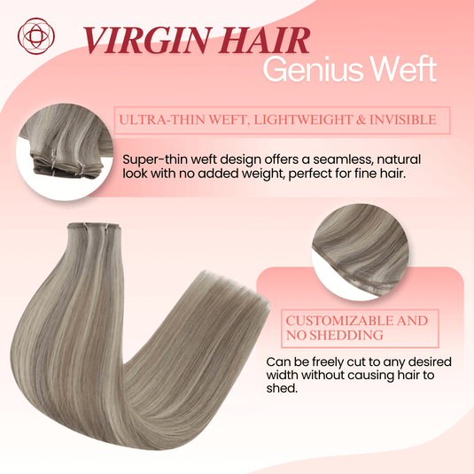 Genius Weft, seamless weft, invisible weft, ultra-thin weft, hand-tied look, no return hair, no scalp irritation, lightweight extensions, flexible weft, comfortable wear, natural blend, undetectable weft, durable extensions, no-shedding weft, fine hair extensions, thick hair extensions, volume boost