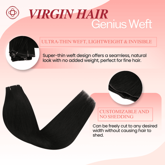 Genius Weft, seamless weft, invisible weft, ultra-thin weft, hand-tied look, no return hair, no scalp irritation, lightweight extensions, flexible weft, comfortable wear, natural blend, undetectable weft, durable extensions, no-shedding weft, fine hair extensions, thick hair extensions, volume boost