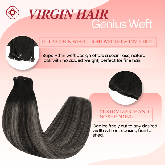 Genius Weft, seamless weft, invisible weft, ultra-thin weft, hand-tied look, no return hair, no scalp irritation, lightweight extensions, flexible weft, comfortable wear, natural blend, undetectable weft, durable extensions, no-shedding weft, fine hair extensions, thick hair extensions, volume boost