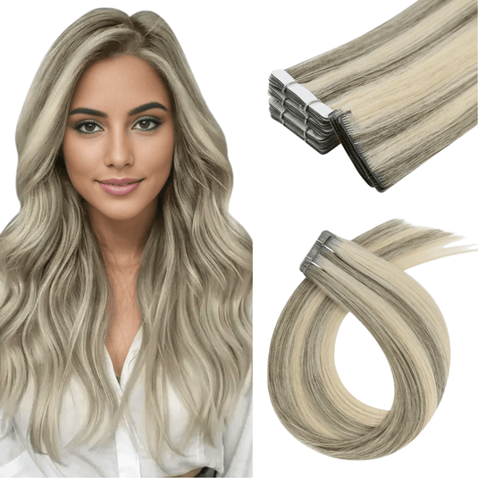 Moresoo gray blonde highlights hair extensions, 16-inch tape-ins, seamless gray and gold balayage, premium silver blonde mix, high-quality balayage extensions, luxurious gray blonde hair, smooth ombre highlights, invisible tape-in extensions, salon-quality gray gold mix, long-lasting adhesive hair