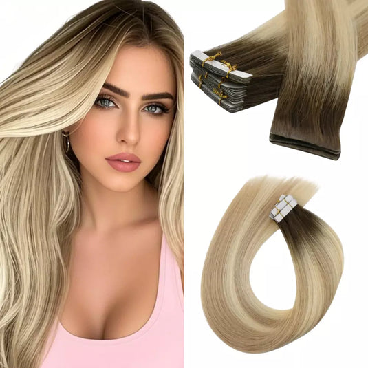Moresoo brown to blonde ombre hair extensions, seamless deep brown blonde ombre tape ins, 18-inch ombre tape in extensions, luxurious brown to blonde ombre hair, high-quality ombre balayage, invisible ombre extensions, natural deep brown to blonde ombre hair, premium ombre hair extensions, salon-quality ombre tape ins, smooth brown blonde ombre extensions