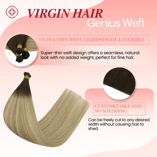 Genius Weft, seamless weft, invisible weft, ultra-thin weft, hand-tied look, no return hair, no scalp irritation, lightweight extensions, flexible weft, comfortable wear, natural blend, undetectable weft, durable extensions, no-shedding weft, fine hair extensions, thick hair extensions, volume boost, high-quality weft, flat weft, customizable weft, soft and smooth, easy maintenance, long-lasting extensions, professional hair weft, salon-quality extensions