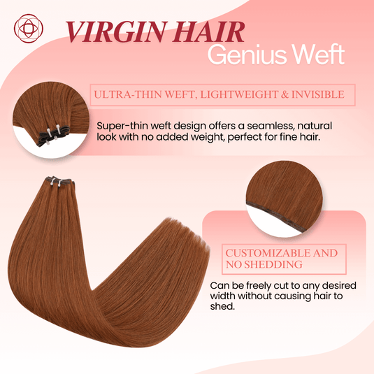 Genius Weft, seamless weft, invisible weft, ultra-thin weft, hand-tied look, no return hair, no scalp irritation, lightweight extensions, flexible weft, comfortable wear, natural blend, undetectable weft, durable extensions, no-shedding weft, fine hair extensions, thick hair extensions, volume boost