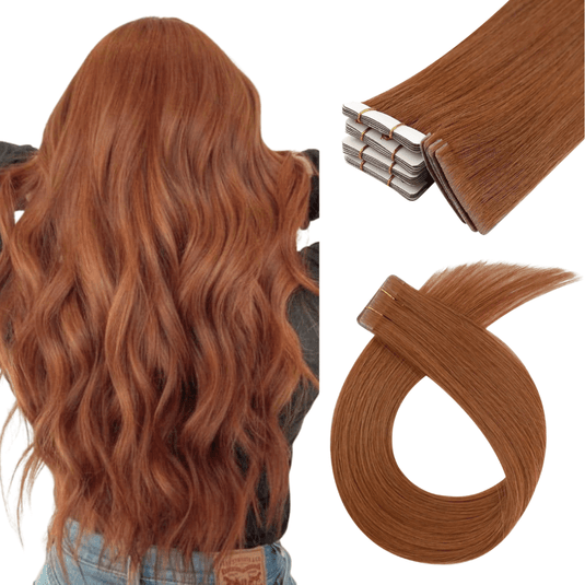 Moresoo red copper ombre tape-ins, 14-inch extensions, high-quality balayage mix, invisible tape-in extensions, seamless red copper highlights, salon-quality copper hair, long-lasting adhesive, natural transitions, luxurious copper to red blend, premium ombre hair