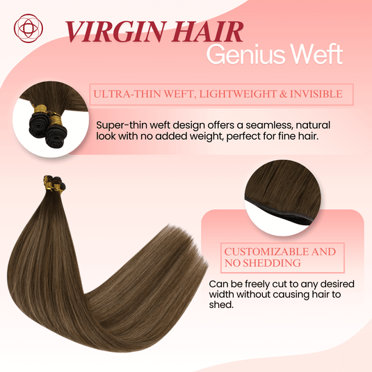 Genius Weft, seamless weft, invisible weft, ultra-thin weft, hand-tied look, no return hair, no scalp irritation, lightweight extensions, flexible weft, comfortable wear, natural blend, undetectable weft, durable extensions, no-shedding weft, fine hair extensions, thick hair extensions, volume boost