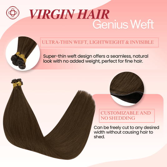 Genius Weft, seamless weft, invisible weft, ultra-thin weft, hand-tied look, no return hair, no scalp irritation, lightweight extensions, flexible weft, comfortable wear, natural blend, undetectable weft, durable extensions, no-shedding weft, fine hair extensions, thick hair extensions, volume boost