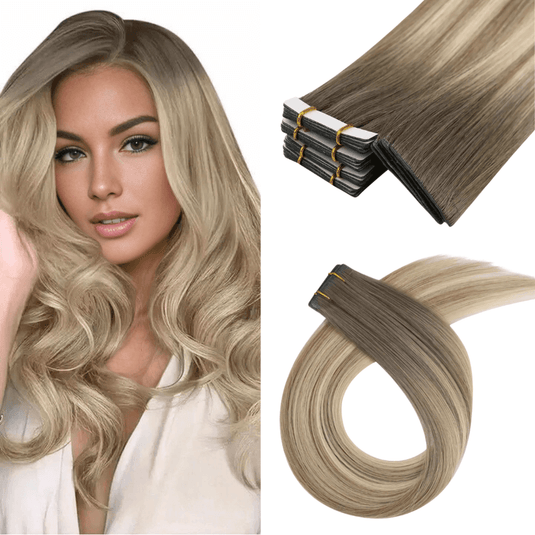 Moresoo medium brown to golden blonde balayage hair, 16-inch extensions, seamless tape-ins, luxurious golden blonde highlights, natural brown to blonde transitions, high-quality ombre hair, invisible extensions, salon-quality brown blonde balayage, smooth and secure adhesive, long-lasting hair extensions