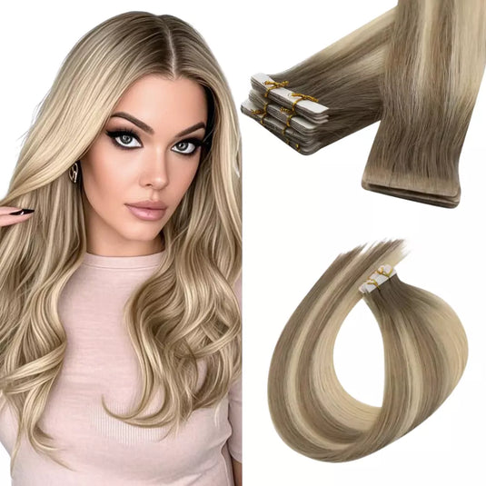 Moresoo light brown and blonde balayage tape ins, luxurious balayage highlights, seamless light brown blonde balayage, premium balayage extensions, 16-inch balayage hair, invisible light brown blonde balayage, natural balayage hair extensions, salon-quality balayage, high-quality balayage highlights, smooth brown blonde balayage