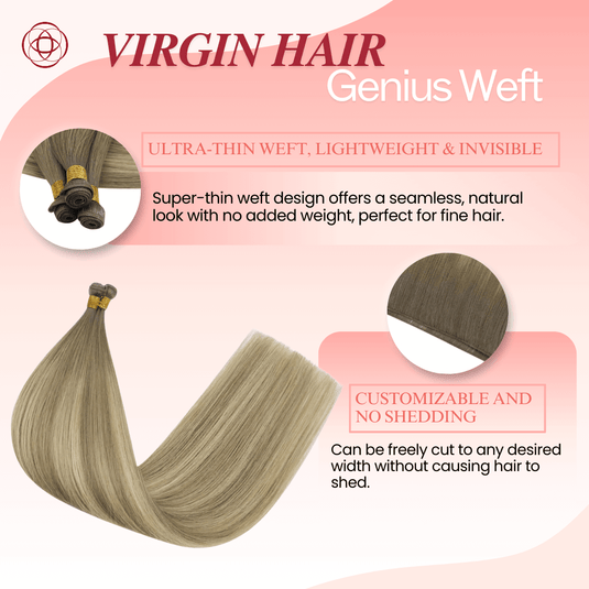Genius Weft, seamless weft, invisible weft, ultra-thin weft, hand-tied look, no return hair, no scalp irritation, lightweight extensions, flexible weft, comfortable wear, natural blend, undetectable weft, durable extensions, no-shedding weft, fine hair extensions, thick hair extensions, volume boost, high-quality weft, flat weft, customizable weft, soft and smooth, easy maintenance, long-lasting extensions, professional hair weft, salon-quality extensions