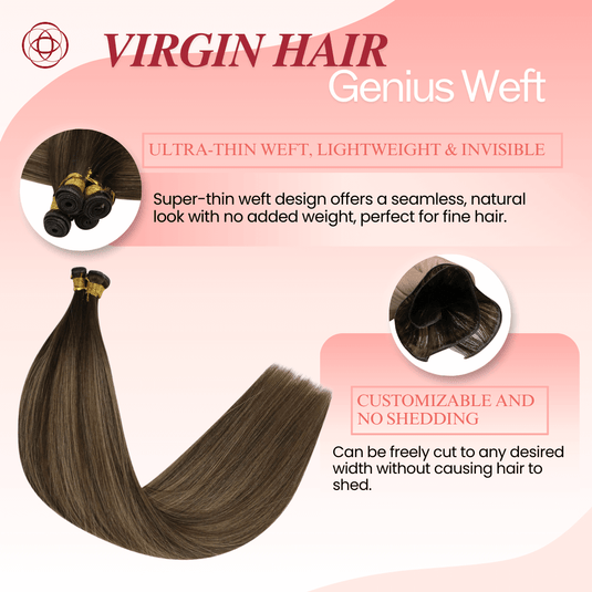 Genius Weft, seamless weft, invisible weft, ultra-thin weft, hand-tied look, no return hair, no scalp irritation, lightweight extensions, flexible weft, comfortable wear, natural blend, undetectable weft, durable extensions, no-shedding weft, fine hair extensions, thick hair extensions, volume boost