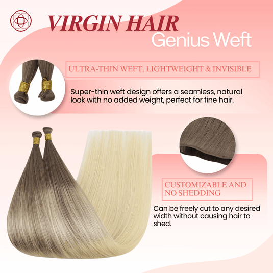Genius Weft, seamless weft, invisible weft, ultra-thin weft, hand-tied look, no return hair, no scalp irritation, lightweight extensions, flexible weft, comfortable wear, natural blend, undetectable weft, durable extensions, no-shedding weft, fine hair extensions, thick hair extensions, volume boost