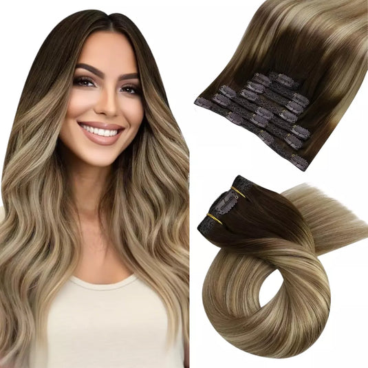 18 inch moresoo human hair extensions balayage brown to blonde clip in remy extension human straight hair