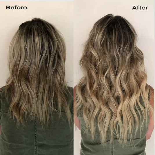 Before and after hair extensions transformation showing remy human hair with balayage brown color, seamless blend, and added length and volume