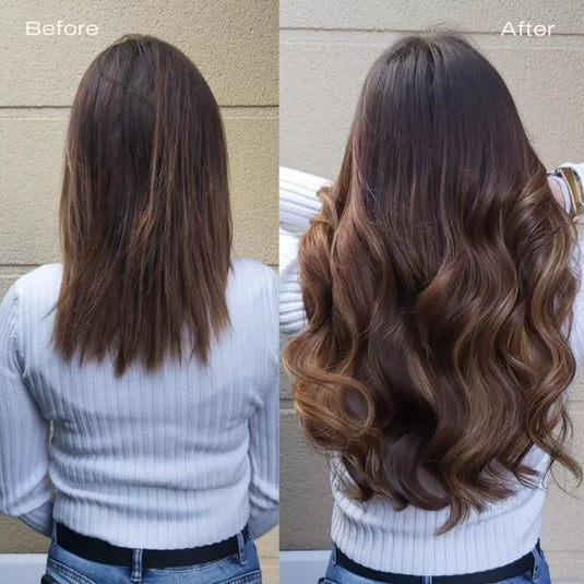 Before and after hair extensions transformation showing remy human hair with balayage brown color, seamless blend, and added length and volume