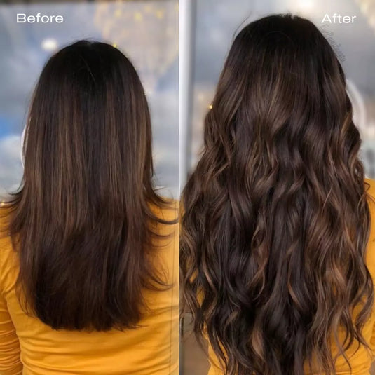 Before and after hair extensions transformation showing remy human hair with dark brown color, seamless blend, and added length and volume