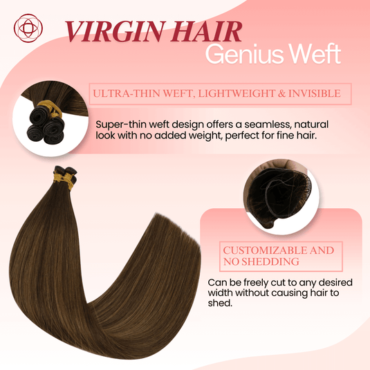 Genius Weft, seamless weft, invisible weft, ultra-thin weft, hand-tied look, no return hair, no scalp irritation, lightweight extensions, flexible weft, comfortable wear, natural blend, undetectable weft, durable extensions, no-shedding weft, fine hair extensions, thick hair extensions, volume boost
