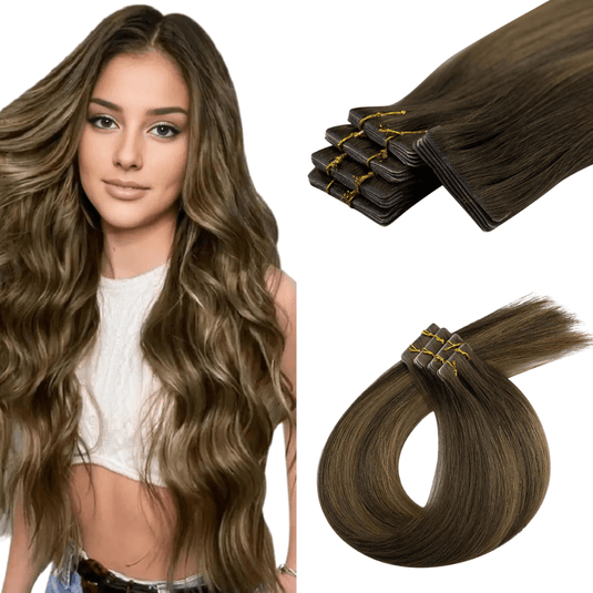 Moresoo medium brown balayage tape ins, 14-inch brown balayage hair extensions, luxurious brown balayage hair, invisible tape in extensions, salon-quality medium brown balayage, premium balayage tape ins, medium brown balayage extensions, smooth brown balayage, balayage hair extensions for medium brown hair, high-quality balayage tape ins, natural medium brown balayage extensions
