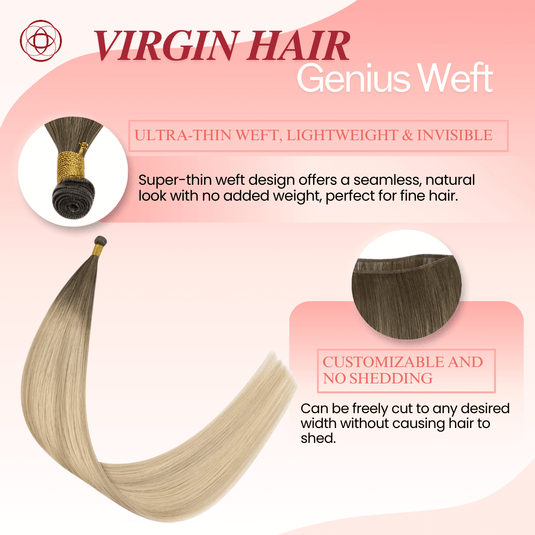 Genius Weft, seamless weft, invisible weft, ultra-thin weft, hand-tied look, no return hair, no scalp irritation, lightweight extensions, flexible weft, comfortable wear, natural blend, undetectable weft, durable extensions