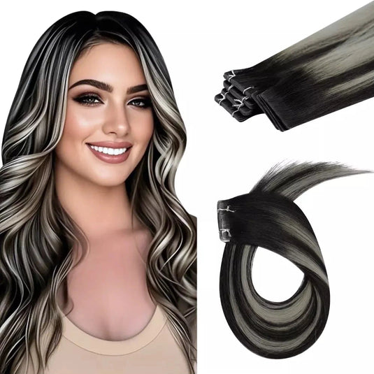 Moresoo black silver balayage tape in extensions, high-quality black and silver balayage, seamless balayage hair, premium black silver balayage hair extensions, 16-inch black silver balayage tape ins, natural black and silver balayage, invisible tape ins for black silver hair, salon-quality silver balayage extensions, luxurious black silver balayage, smooth black silver balayage hair