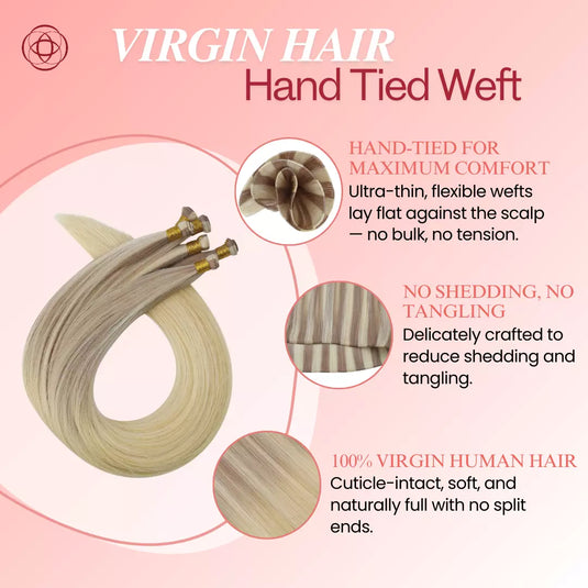 invisible weft extensions for a seamless natural look beaded weft human hair extensions, damage-free install hand tied weft hair extensions made with 100% human hair