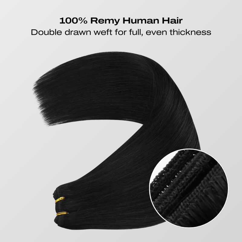 Load image into Gallery viewer, Black hair extensions with text highlighting 100% Remy human hair and double drawn weft for full, even thickness on a light gray background.