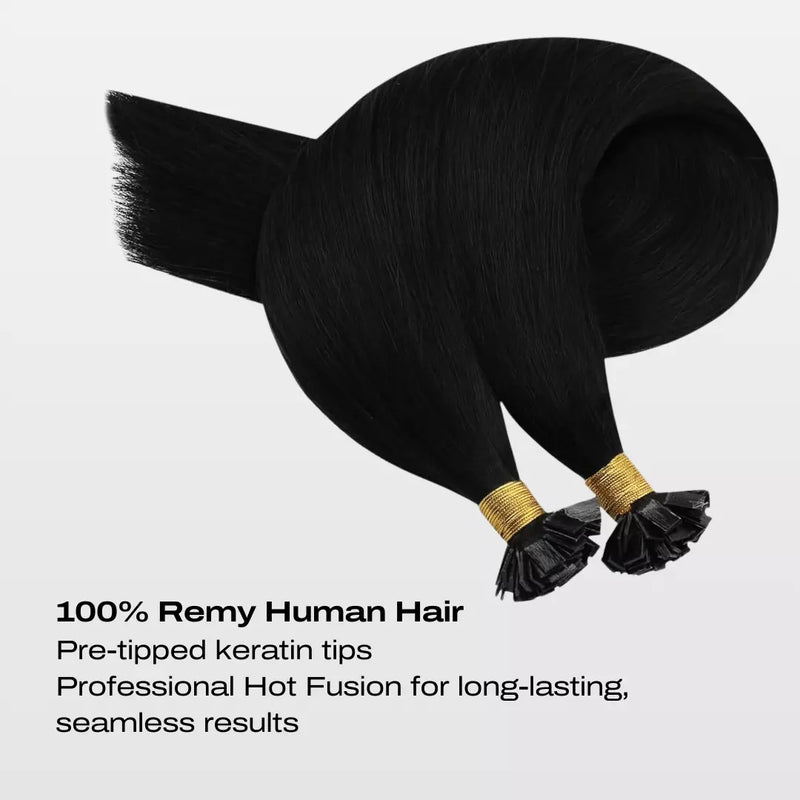 Load image into Gallery viewer, Black keratin tip hair extensions on a white background, labeled '1 pack includes 50 strands, 50g total