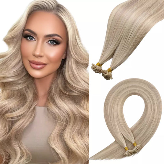 Blonde Highlight K Tip Virgin Human Hair Extensions 16inch K Tip Hair Extensions Real Human Hair Ash Blonde Highlight Golden Blonde Pre Bonded Fusion Hair Extensions Ktips Tip Hair Extensions 25g