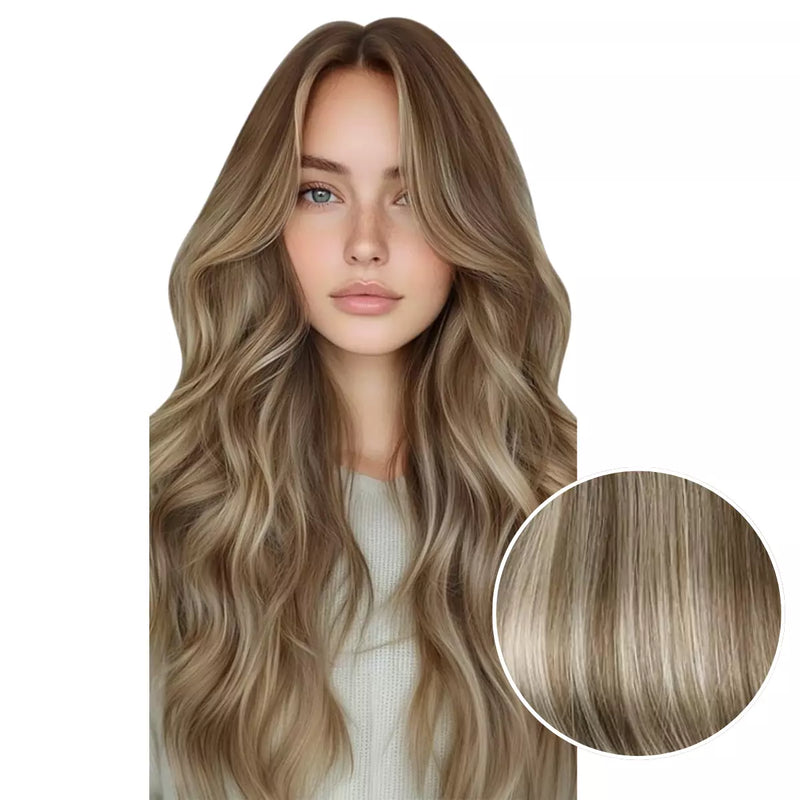 Load image into Gallery viewer, Woman with long double weft, with a close-up inset of hair color.