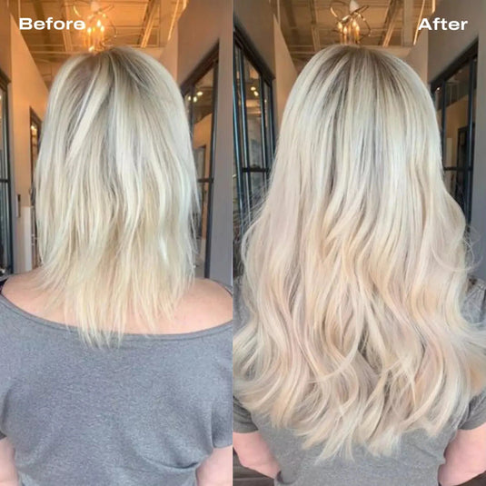 Before and after comparison of blonde hair extensions