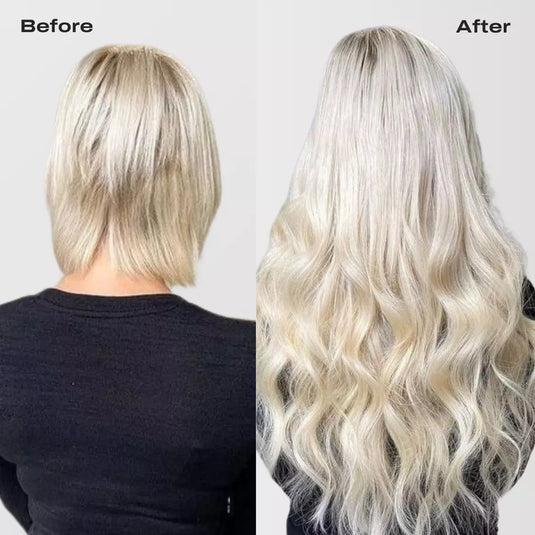 Before and after comparison of platinum blonde hair extensions