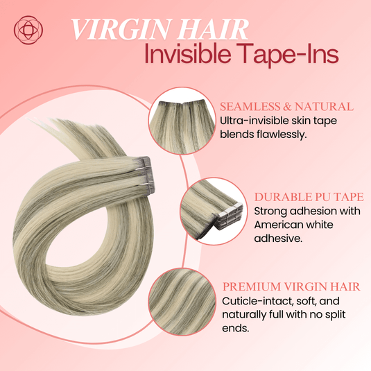 Moresoo silver and gold balayage extensions, 14-inch tape-ins, natural gray blonde mix, premium gray and blonde highlights, high-quality balayage hair, seamless ombre extensions, luxurious silver gold balayage, invisible tape-ins, salon-quality balayage highlights, long-lasting adhesive extensions