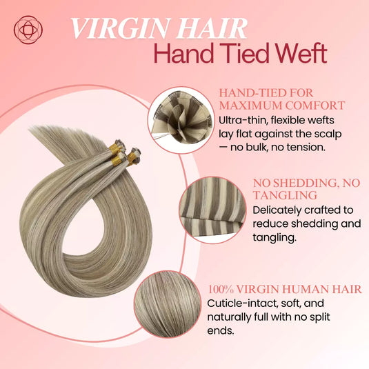 virgin hand tied weft extensions, tangle-free and natural premium sew-in weft for long-lasting full volume