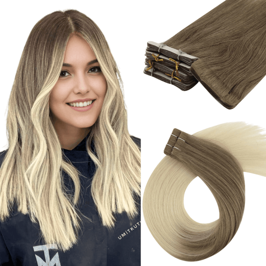Moresoo platinum grey and gold tape in extensions, high-quality grey and gold hair extensions by Moresoo, invisible tape in hair with grey and gold highlights, 14-inch Moresoo grey and gold tape in extensions, premium grey and gold blend hair extensions, smooth grey-gold ombre extensions by Moresoo