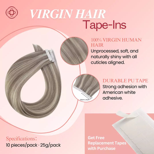 Virgin Human Hair Tape In Extensions Ash Blonde Highlights (#19A/60)
