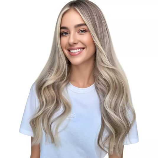 Invisible Hole PU Flat Weft Virgin Human Hair Ash Blonde Highlights #19/60