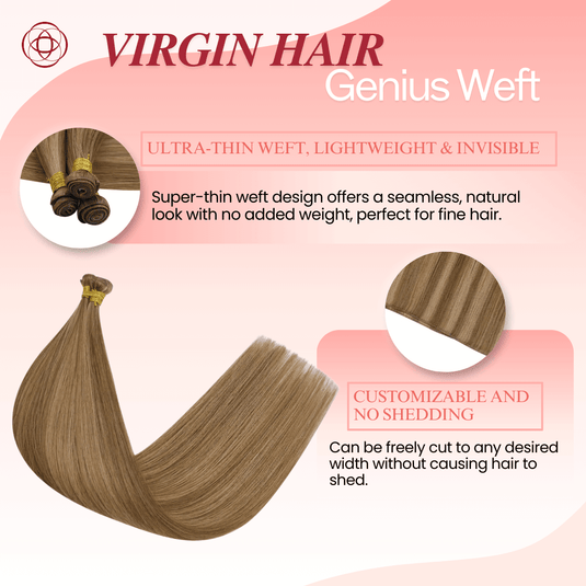 Genius Weft, seamless weft, invisible weft, ultra-thin weft, hand-tied look, no return hair, no scalp irritation, lightweight extensions, flexible weft, comfortable wear, natural blend, undetectable weft, durable extensions, no-shedding weft, fine hair extensions, thick hair extensions, volume boost, high-quality weft, flat weft, customizable weft, soft and smooth, easy maintenance, long-lasting extensions, professional hair weft, salon-quality extensions