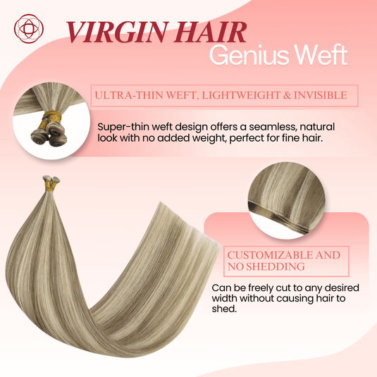 Genius Weft, seamless weft, invisible weft, ultra-thin weft, hand-tied look, no return hair, no scalp irritation, lightweight extensions, flexible weft, comfortable wear, natural blend, undetectable weft, durable extensions, no-shedding weft, fine hair extensions, thick hair extensions, volume boost