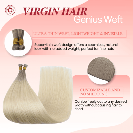 Genius Weft, seamless weft, invisible weft, ultra-thin weft, hand-tied look, no return hair, no scalp irritation, lightweight extensions, flexible weft, comfortable wear, natural blend, undetectable weft, durable extensions, no-shedding weft, fine hair extensions, thick hair extensions, volume boost, high-quality weft, flat weft, customizable weft, soft and smooth, easy maintenance, long-lasting extensions, professional hair weft, salon-quality extensions