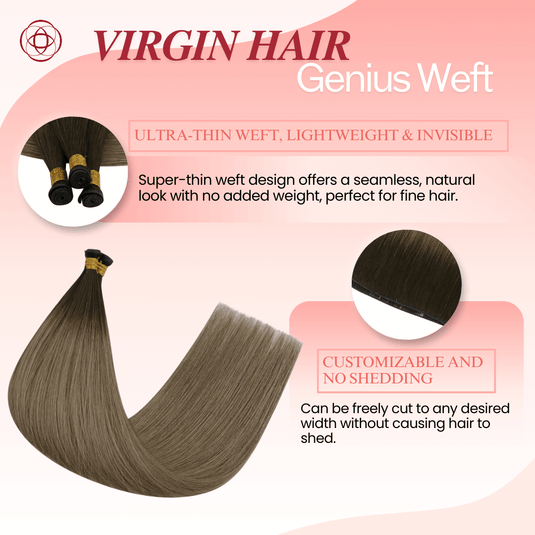 Genius Weft, seamless weft, invisible weft, ultra-thin weft, hand-tied look, no return hair, no scalp irritation, lightweight extensions, flexible weft, comfortable wear, natural blend, undetectable weft, durable extensions, no-shedding weft, fine hair extensions, thick hair extensions, volume boost, high-quality weft, flat weft, customizable weft, soft and smooth, easy maintenance, long-lasting extensions, professional hair weft, salon-quality extensions