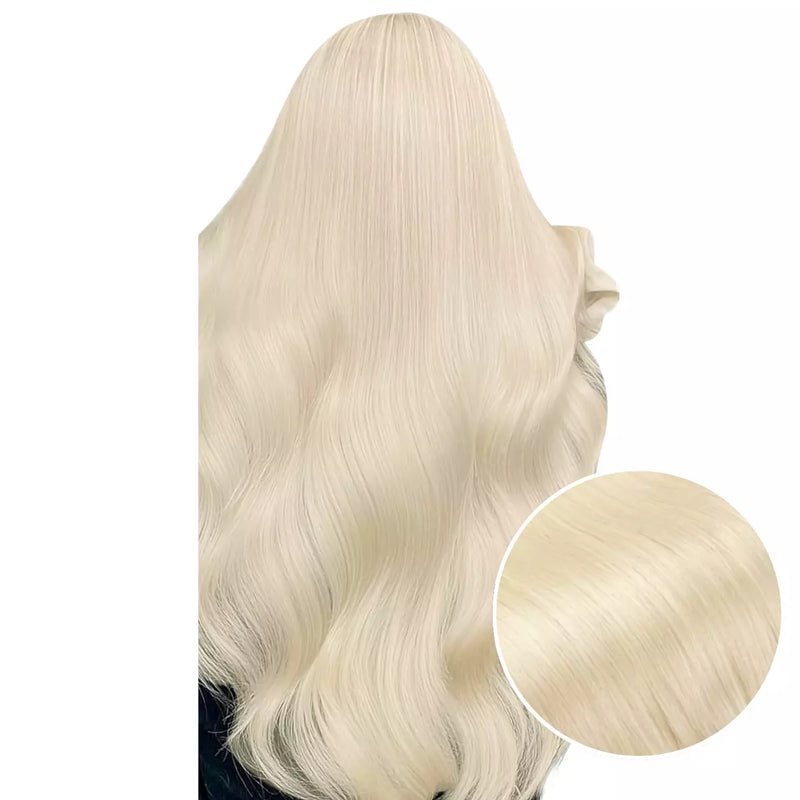 Load image into Gallery viewer, Woman with long double weft, with a close-up inset of hair color.