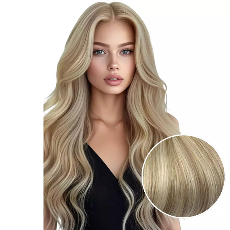 Load image into Gallery viewer, Woman with long double weft, with a close-up inset of hair color.