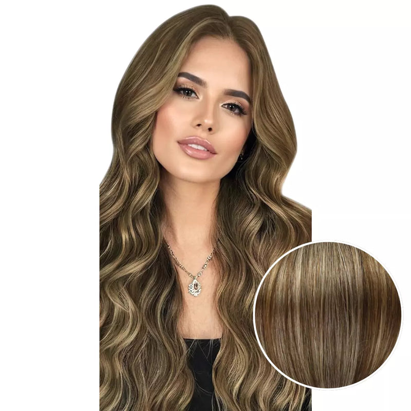 Load image into Gallery viewer, Woman with long double weft, with a close-up inset of hair color.