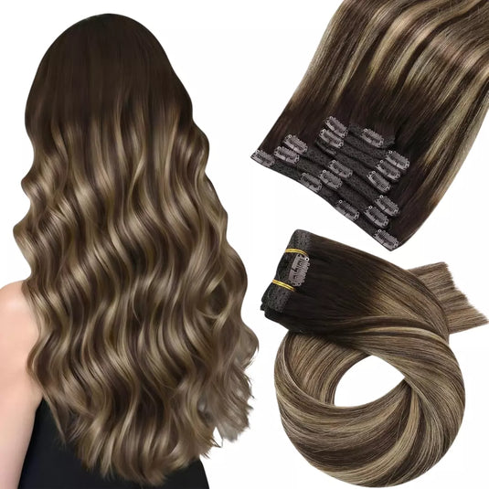 brown and blonde clip in hair extensions made from Remy hair